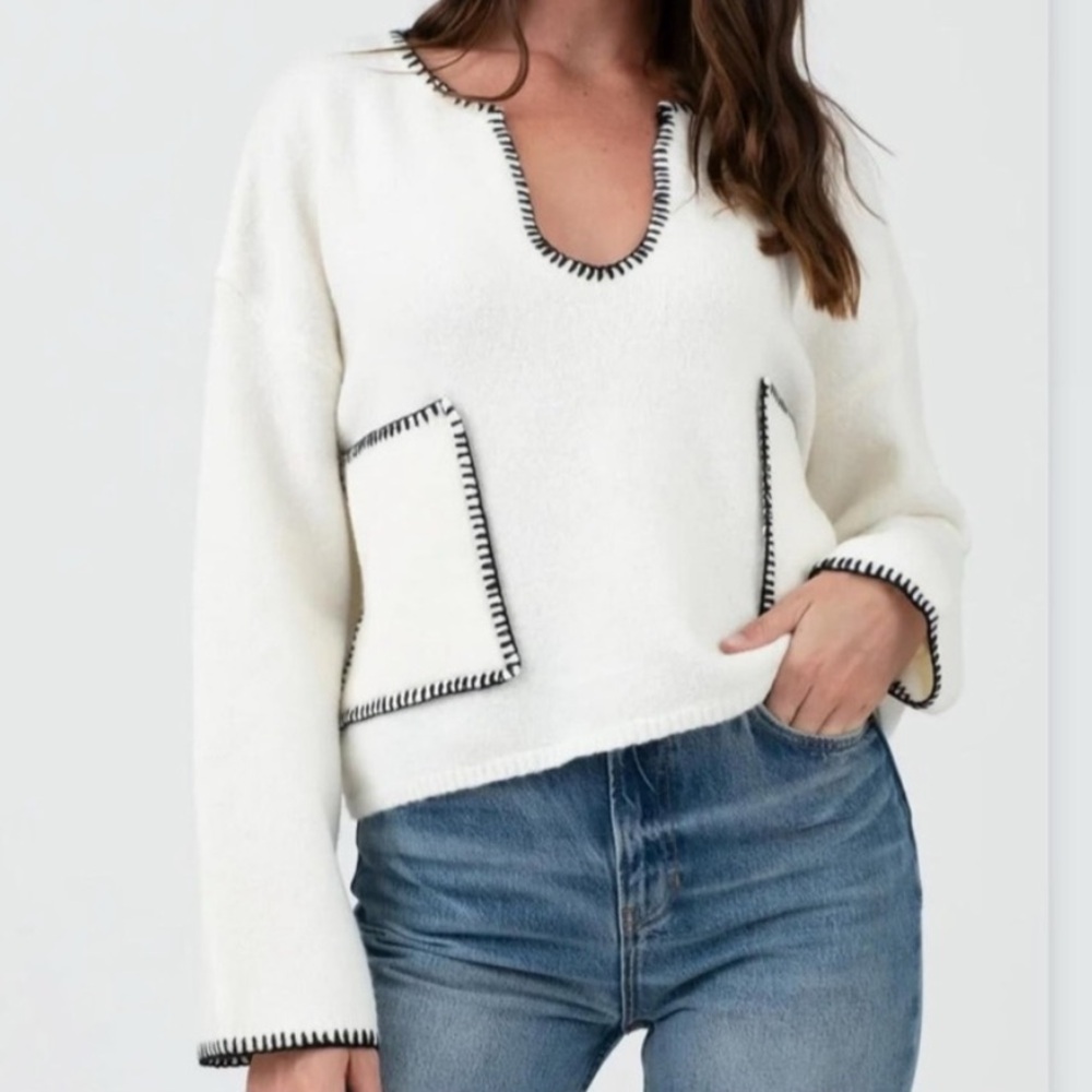 White U-Neck Sweater Long Sleeves W/Black Stitch Pockets & Trim